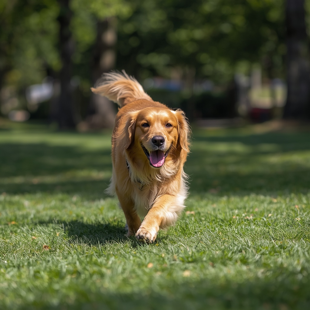 A golden retriever playing in a sunny park with green grass and trees in the background